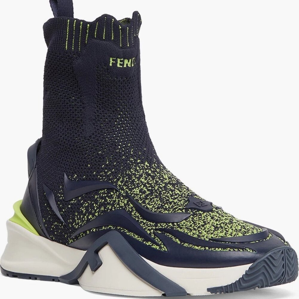 Fendi Flow Knit High Sock Sneaker Navy/ Lime Men's Size 10